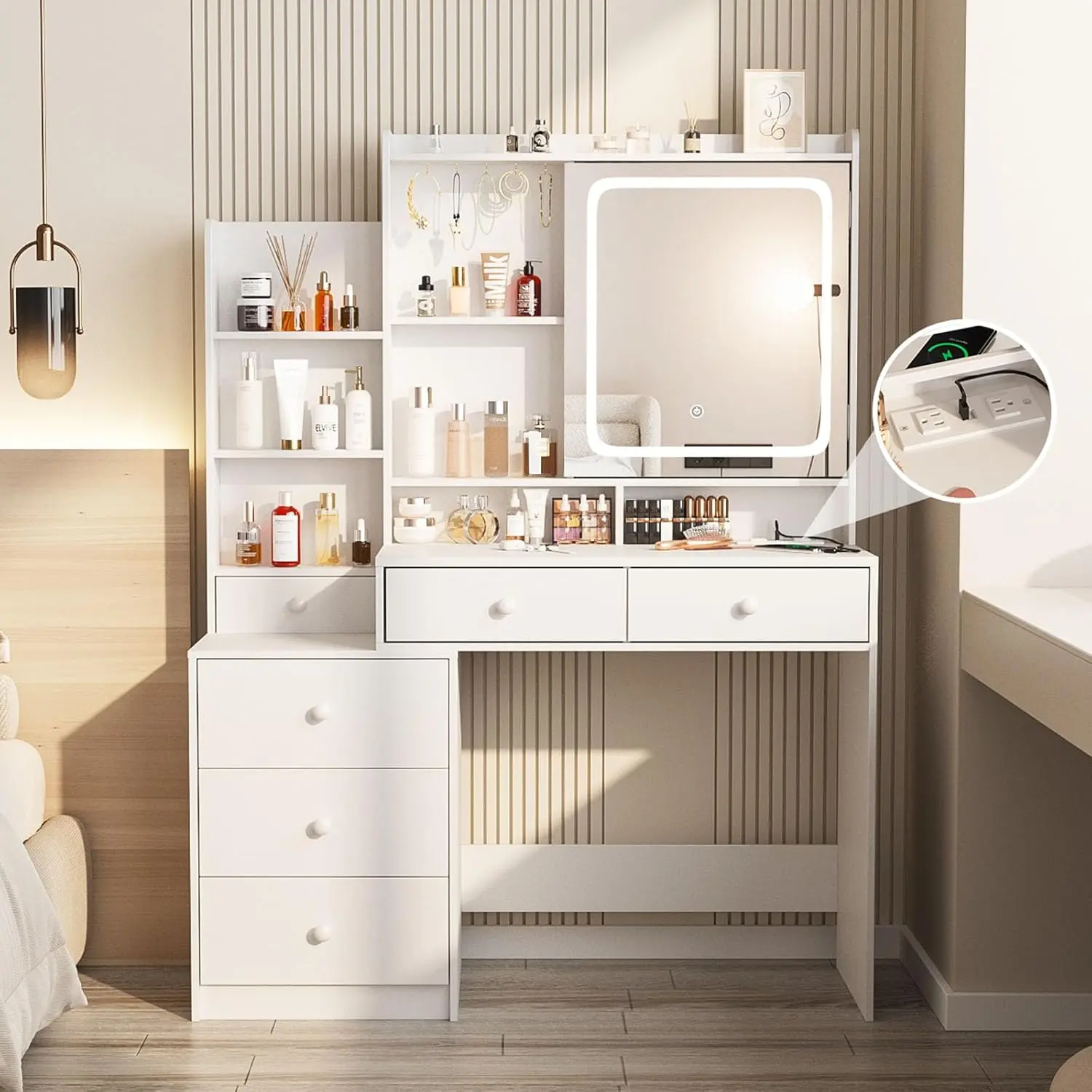 [Summergarden] Vabches Makeup Vanity Desk - White LED Lighted Mirror with 3 Color Modes, 6 Drawers, Power Outlet, Shelves, Bedroom Dressing Table