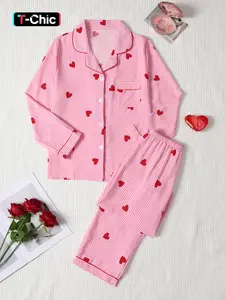Valentine's Day Women's Sleepwear Set, Soft Bubble Pleated Heart Print Pajamas, Button Front Long Sleeve Top & Elastic Waist Pants, Casual Home Wear Pjs, Womenswear