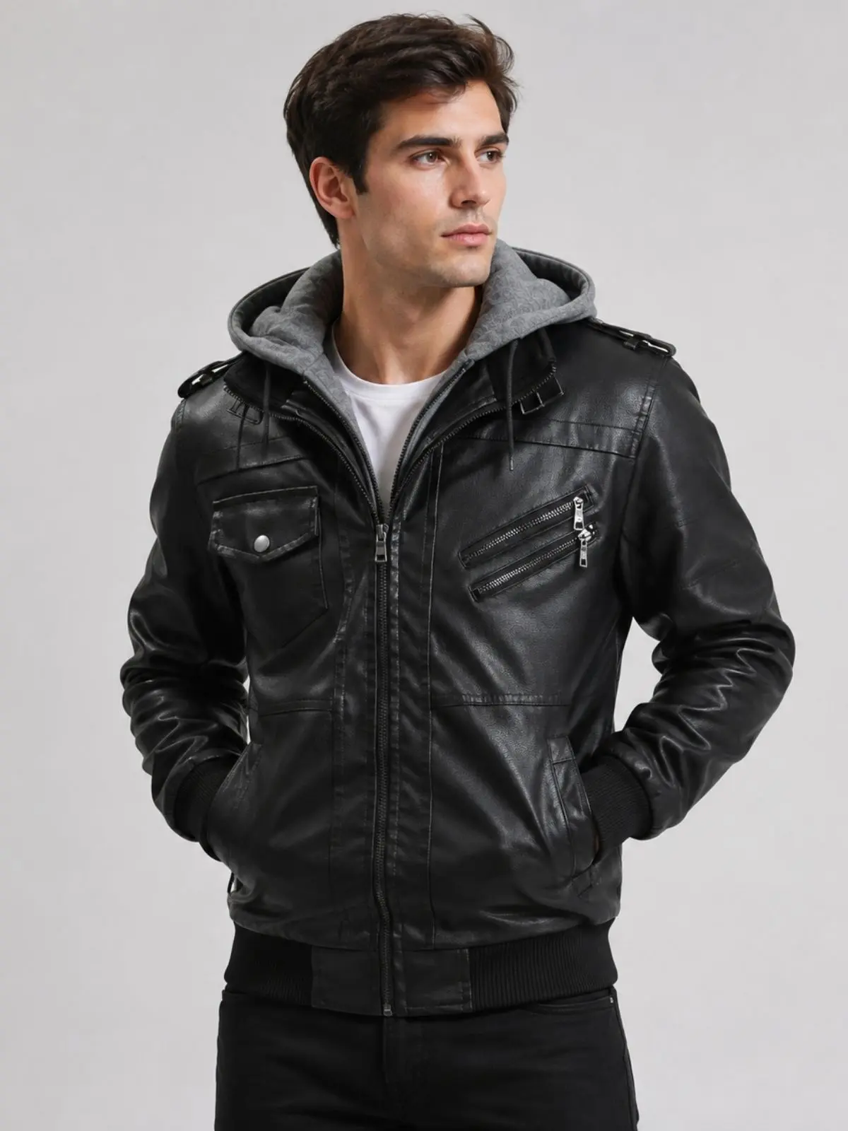 Vintage Hooded Leather Jacket for Men, Classic Plain Motorcycle Baseball Style with Multiple Pockets, Stylish Casual Outerwear