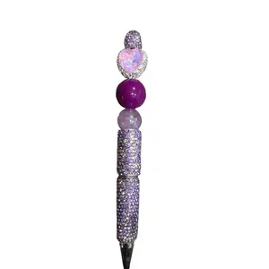 Sparkly Purple Beaded Pen With Heart-Shaped Gemstone Accent Ideal For Writing Journaling & Gift-Giving