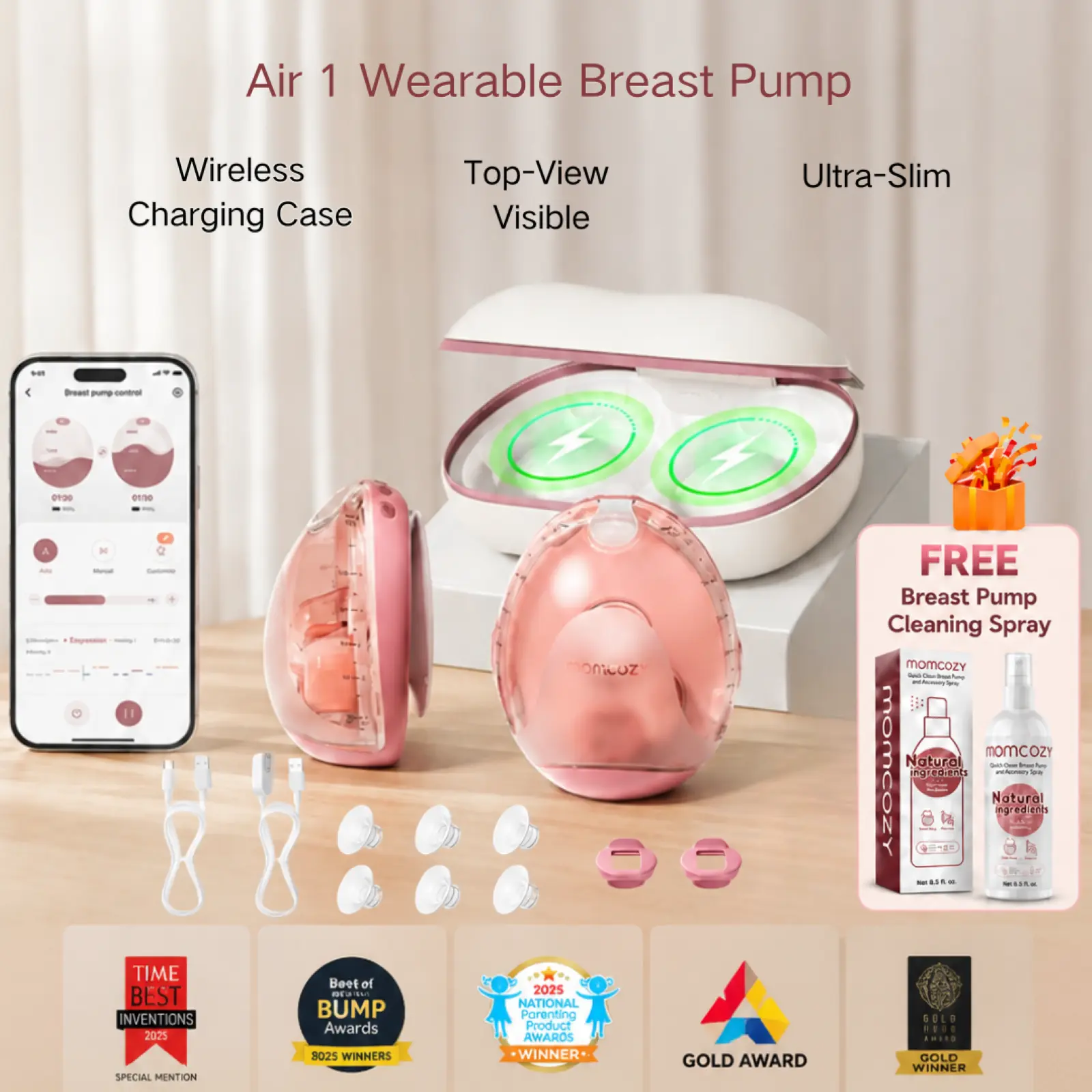 Momcozy Air 1 Wearable Breast Pump,Ultra-Slim with Wireless Charging Case | Ultra-Slim Hands-Free,Top-View Visible, App Control, Auto Mode Switching, Milk Tracking & Full-Collector Alerts, 6oz