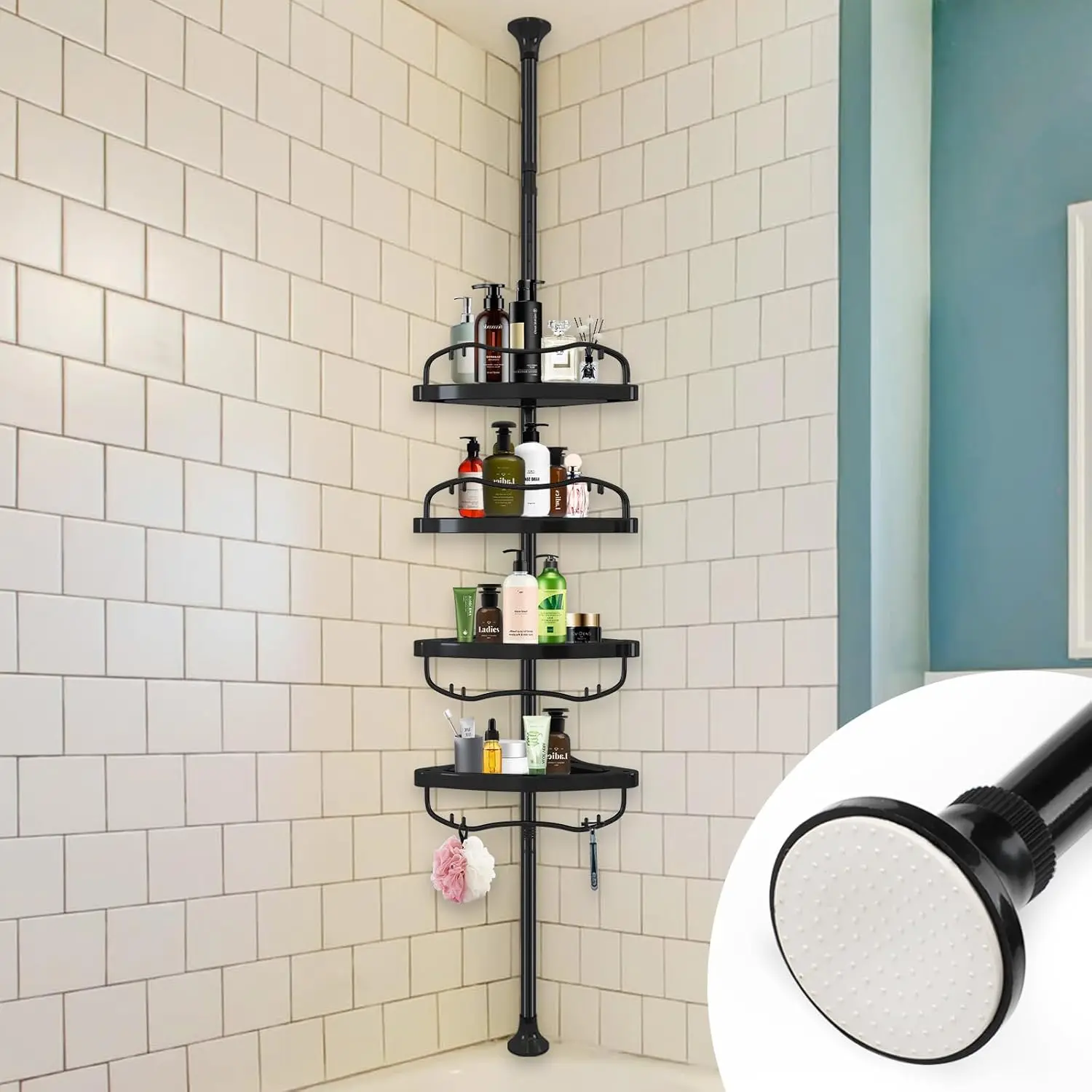 Corner Shower  Tension Pole, Rustproof Bathtub Storage Organizer with 4 Adjustable Shelves, Bathroom Shower Rack Shampoo Holders for Inside Shower, 40"-120" Floor to Ceiling Shower  Black