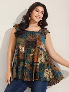 BLOOMCHIC Floral Collage Print Layered Tank Top for Stylish Wear Sleeveless Square Neck Bohemian print Summer Fit Tunic Womenswear Casual Fitted Multicolor Plaid