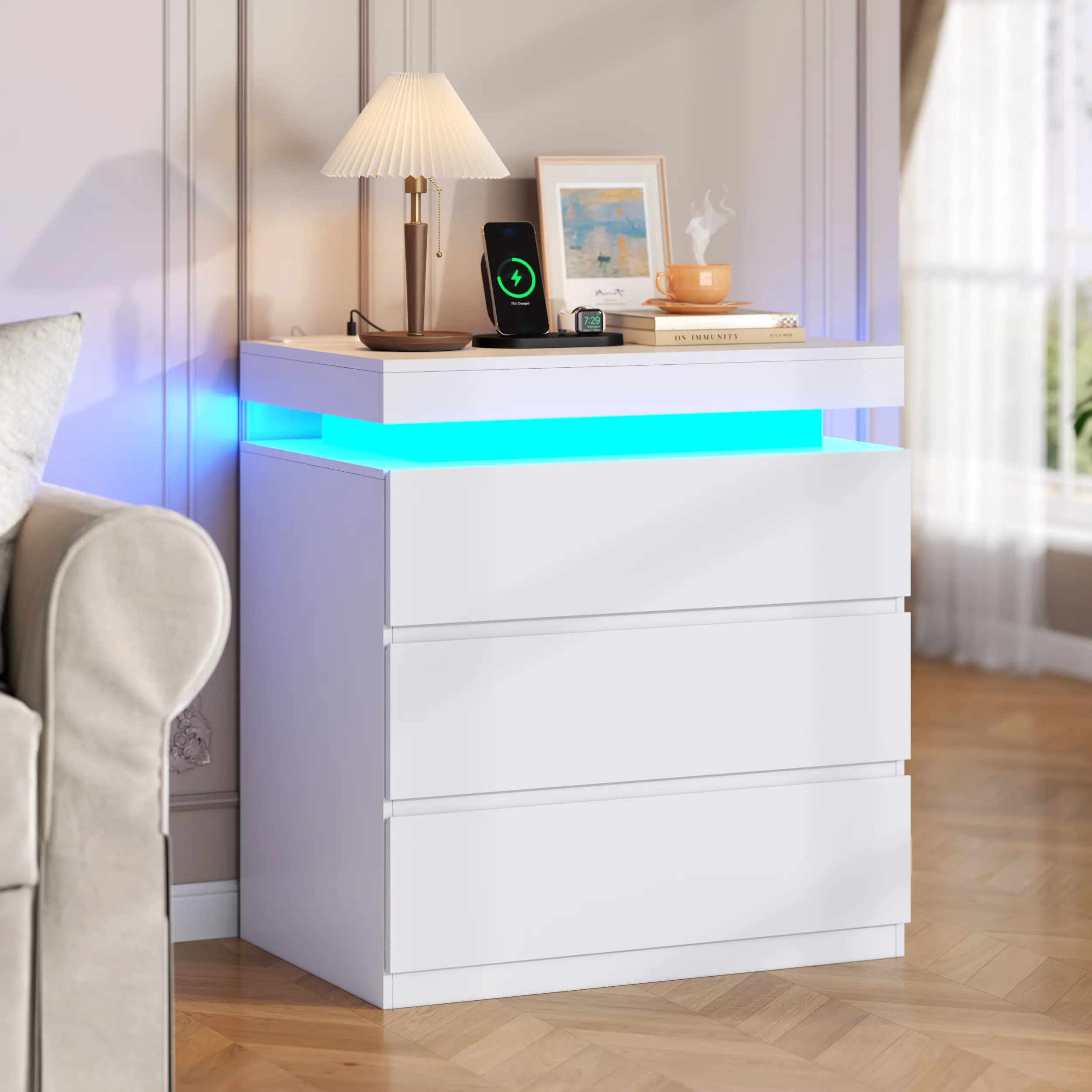 Gyfimoie Nightstand with Charging Station and LED Lights, Night Stand with 3 Large Drawers, Bedside Table with Storage, Modern End Side Table Night Stands for Bedroom