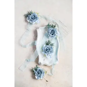 Dusty Blue Rose Wrist Corsage for Boho Wedding, Flower Girl Wristlet, Teal Gray Prom Corsage, Groom Boutonniere, Bridesmaid Corsage Gift