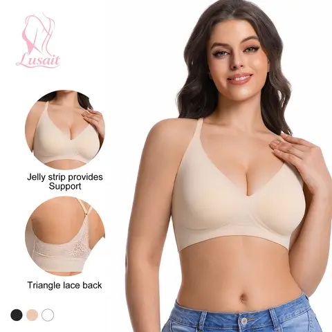 Lusait Women's Seamless Wire-Free Jelly Bra - Soft Jelly Fabric, Buttery Comfort, Deep V Plunge Neck, Triangle Back Pullover Racerback, T-Shirt Bra, Strip-Piece Design, Silicone Hem, Adjustable Straps, Everyday Wear, Jelly Bras