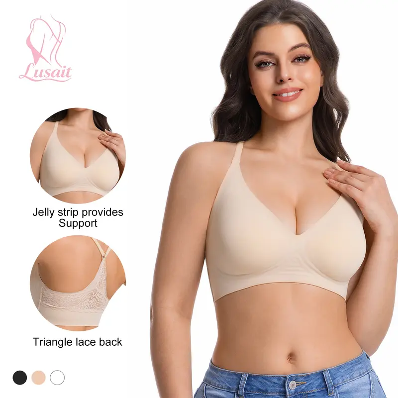 Lusait Women's Seamless Wire-Free Jelly Bra - Soft Jelly Fabric, Buttery Comfort, Deep V Plunge Neck, Triangle Back Pullover Racerback, T-Shirt Bra, Strip-Piece Design, Silicone Hem, Adjustable Straps, Everyday Wear, Jelly Bras