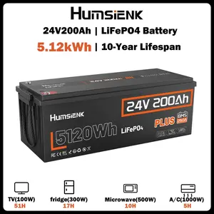 HumsiENK 24V 200Ah LiFePO4 Lithium Battery, Built-in 250A BMS with Low-Temp, 15000+ Deep Cycles 10 Years Lifespan, 2560Wh Lithium Iron Phosphate Battery, for RV Solar Energy Off Grid Trolling Motor