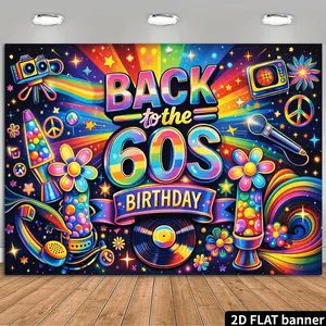 2D Flat Banner, 1pc Peace Symbol Birthday Backdrop from The 1960S, Featuring Neon Lava Lamps, Polyester Record Players, Microphones, And Peace Symbol Decorations. Made of High-Quality Polyester, Suitable for Retro
