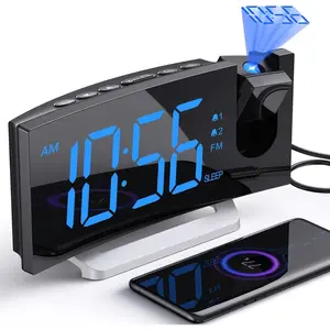 Projection  Clock with FM Radio, USB  Port, 0- Dimmer, Dual Alarms,  LED Display, 30 Preset Stations, Sleep Timer, 5  Sounds, Snooze, Curved Screen, Digital Clock for Bedroom