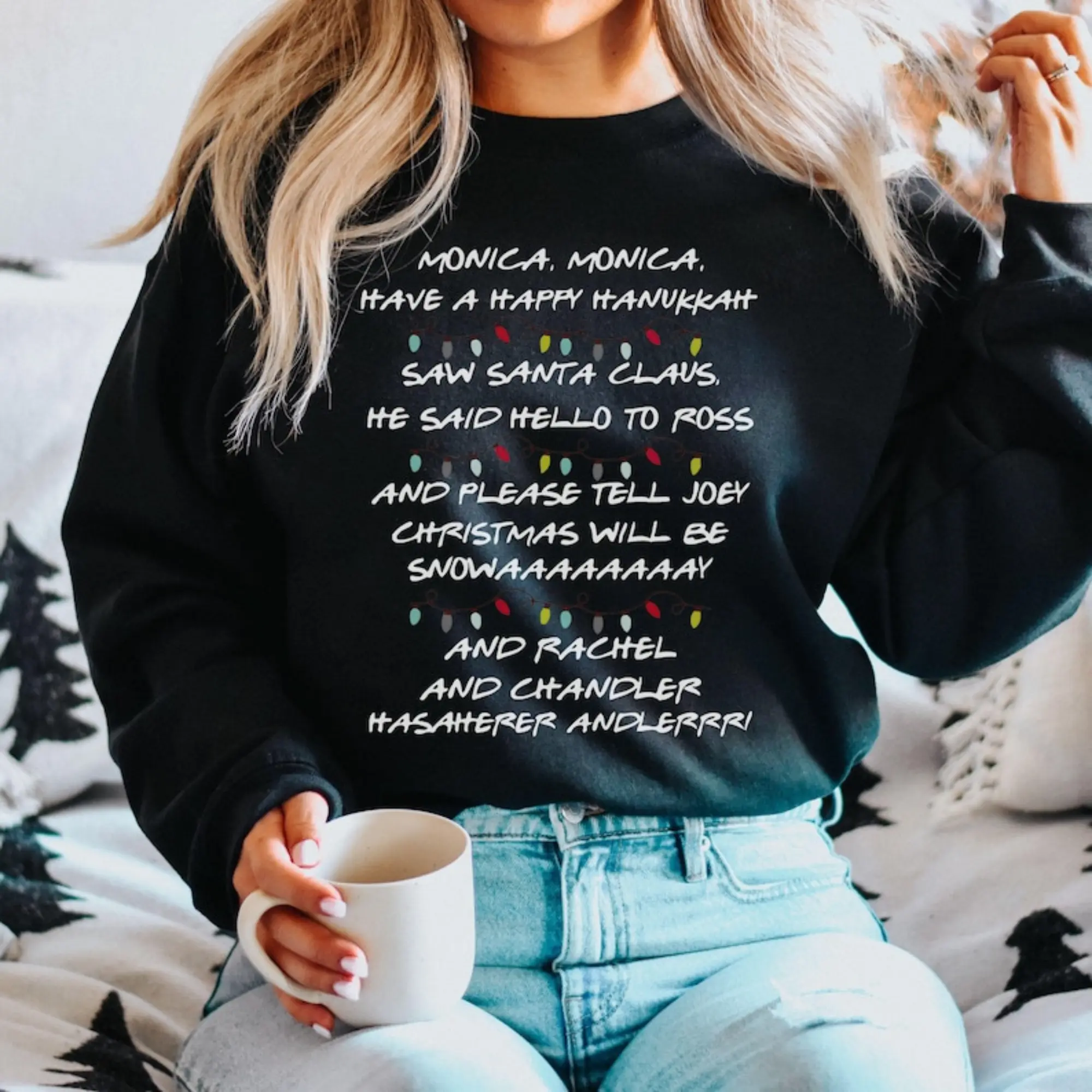Friends Monica Monica Have A Happy Hanukkah Christmas Gift shirt, Trendy Chrimbo Sweatshirt, Phoebes Xmas Song Shirt, Friendsgiving Sweater