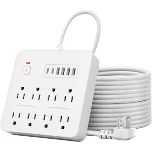 6 FT Flat Plug Surge Protector Power Strip,8 Multiple AC Outlets with 6 USB Ports (2 USB C), 6  Extension Cord, 1250W/10A,    Button, 17 in 1 Compact powerstrip (White)