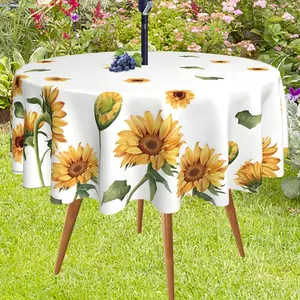 Summer Outdoor Tablecloths with Umbrella Hole,Zipper Round, Spillproof Washable Watercolor Sunflower Floral Fabric Table Cloth,Table Cover for Picnic Dinner Patio