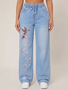 Women's Sky Blue Printed Straight-Leg Jeans - Smooth Denim with Medium Stretch & Elastic Drawstring Waistband, Machine Washable All-Season Casual Pants, Floral Print Design