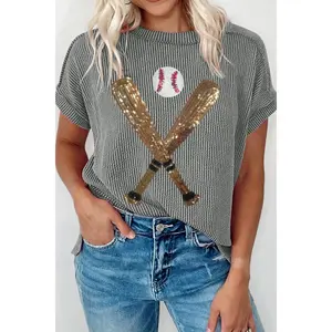 Sequin Baseball Round Neck Short Sleeve T-Shirt