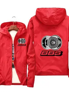 Bbs Hooded Windbreaker, Car Rim Logo Jacket, Slim-Fitting No Padding, Perfect for Auto Enthusiasts & Streetwear Fans