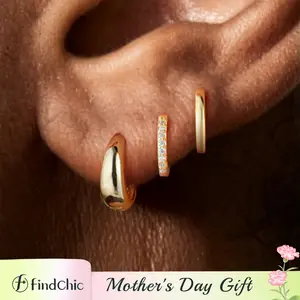 FindChic 14K Gold Plated Huggie Hoop Earrings Set Sterling Silver Post Black Silver Gold Color Shining Daily Casual Huggie Hoops Earrings Set Jewelry Gift for Women Men Girls