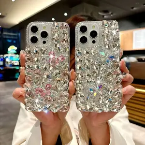 2-Style 3D Color Rhinestone Butterfly Case for iPhone 14/15 Series | Full Large Crystal Rhinestones + Gradient Color Rhinestone Butterfly Decor + Rhinestone Lens Bezel | Scratch & Shock Resistant | Outing/Party Luxury Shiny Girl Style