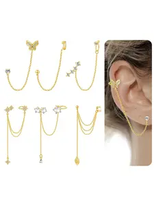 6Pcs Cuff Earring Chain Leaf Snowflake Star Butterfly with CZ Crawler Climber Earring Studs Drop Dangling Chain Wrap Tassel Earring for Women Men 20G Silver Gold Tone