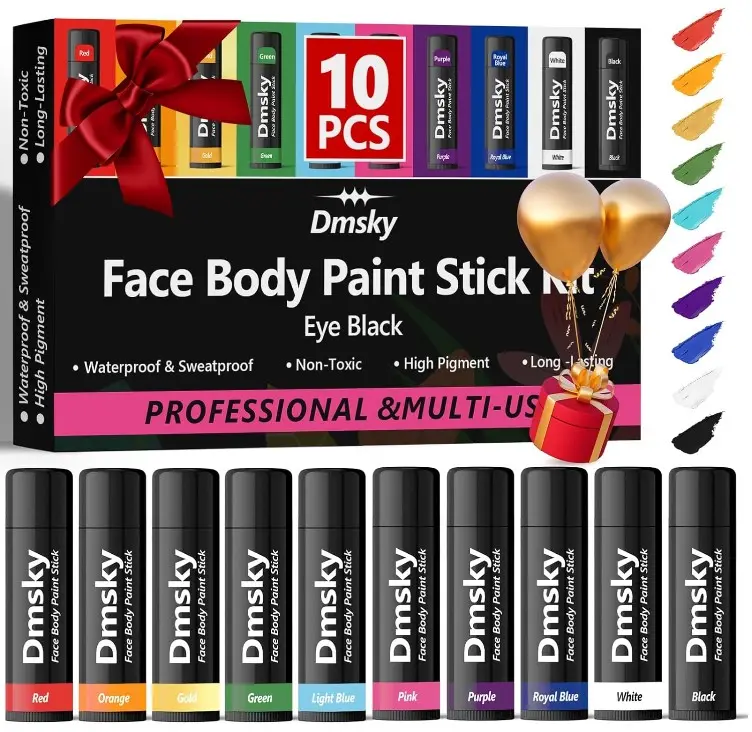 Dmsky 10 Packs Eye Black Sports Stick for Football, Baseball, Softball-Anti-Glare Face Body Paint Stick Kit,Water-Proof Eye Sports Paint Sticks,10 Color Eyeblack Painting Kit for Athletes & Fans