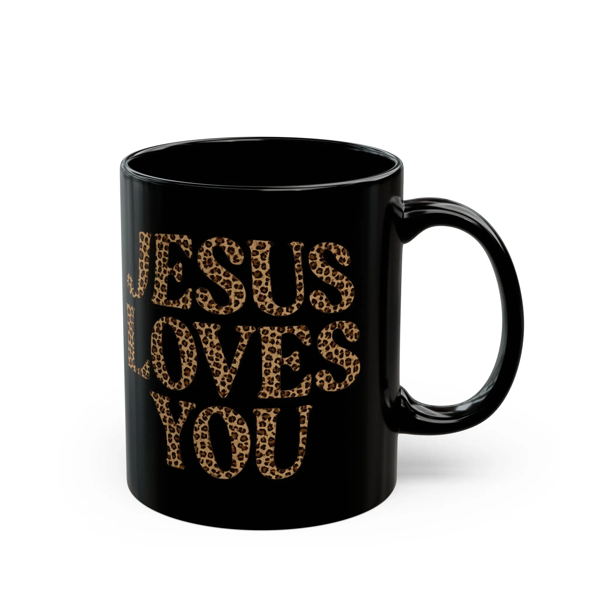 Cheetah Print "Jesus Loves You" Mug | Black Ceramic Coffee Mug