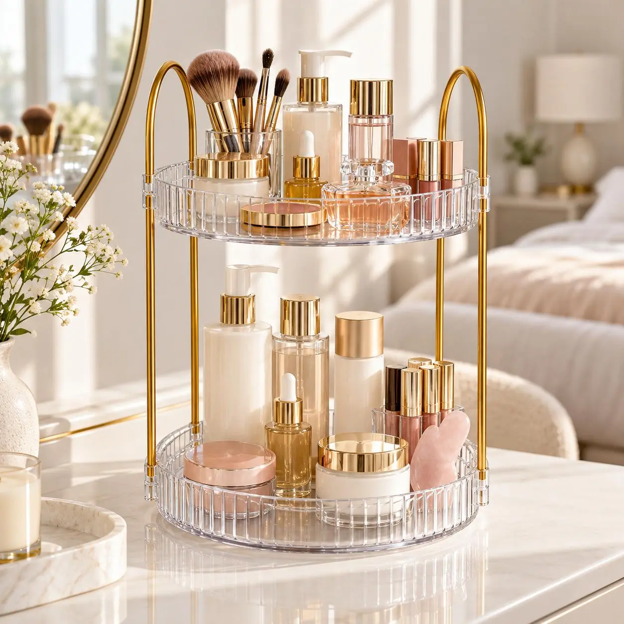 2 Tier Rotating Makeup Organizer for Vanity,360 Degree Spinning Skincare and Perfume Holder,Clear Cosmetic Storage Rack with Large Capacity,Countertop Organizer for Bathroom,Dresser,Bedroom and Dressing Table,Space Saving Makeup Stand for Lotions