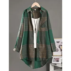 Colorblock Plaid Print Polo Collar Shirt Women's Casual Pocket Long Sleeve Blouse VC16951 Polyester Patchwork Woven Tops Womenswear Clothes