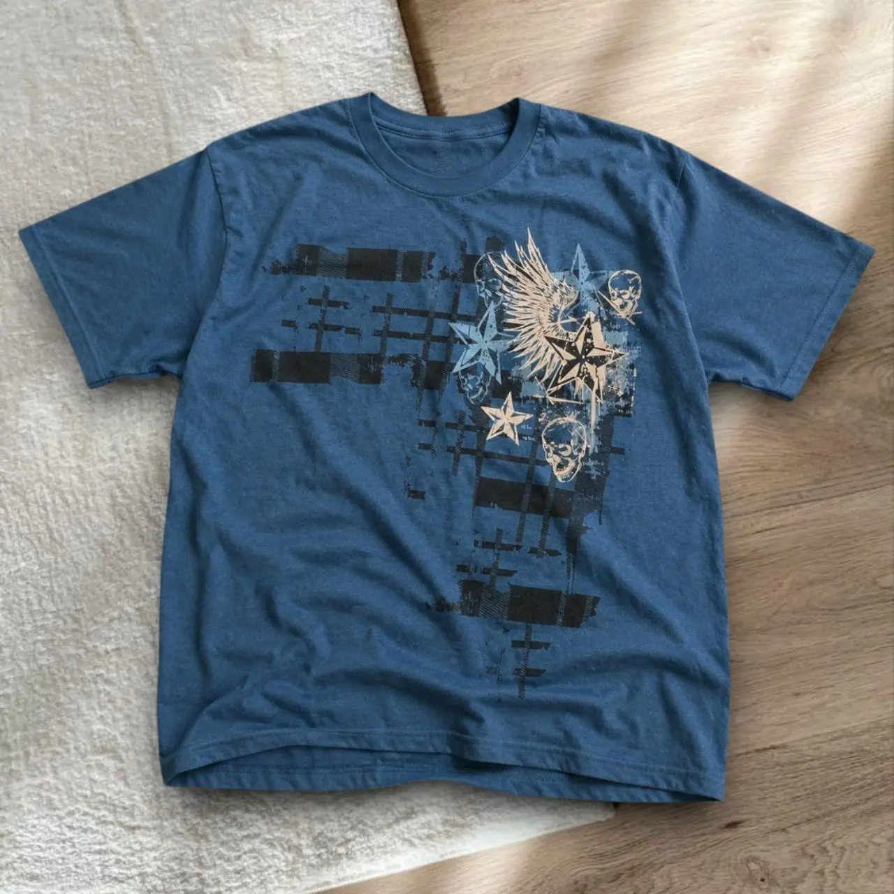 Gildan Blue Grunge Skull Wing Graphic T-Shirt Y2K Gothic Streetwear Unisex Tee #gildan #graphictee #grunge #y2k #streetwear