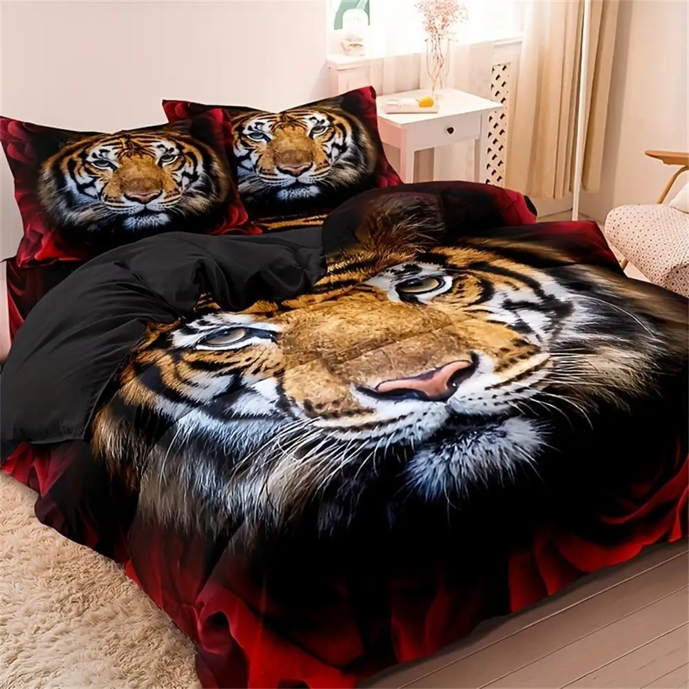 Breathable Tiger Printed Bedding Set, Including Duvet Cover And Pillowcase Without Filler, Halloween Decor Bedding Supplies For Home Bedroom Hotel And