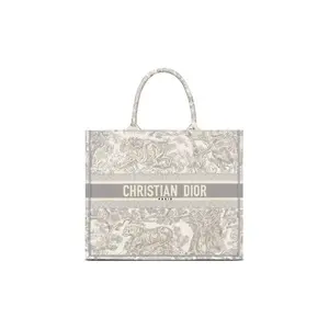 Pre-owned Dior Embroidery Shoulder Bags BookTote Tote Bag with Tiger Pattern Toile de Jouy Zoo Collection