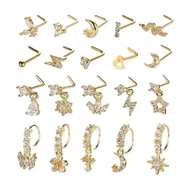 20Pcs 20G Dangle Nose Ring L Shaped Dangling Nose Stud for Women Stainless Steel Nose Ring Studs CZ Flower Dangle Nose Rings Hoops Piercing Jewelry