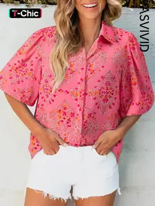 Women's Floral Print Button Front Chiffon Breathable Shirt Blouse, Casual Loose Half Sleeve Collared Top for Summer, Ladies Clothes for Daily Wear, Womenswear
