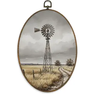 XBBMGG Vintage Farmhouse Windmill Wall Art Decor, Cottagecore Country Oval Wall Hanging Decor, Rustic Landscape Framed Canvas Prints for Home Gallery Living Room Bedroom Decorations, 8.