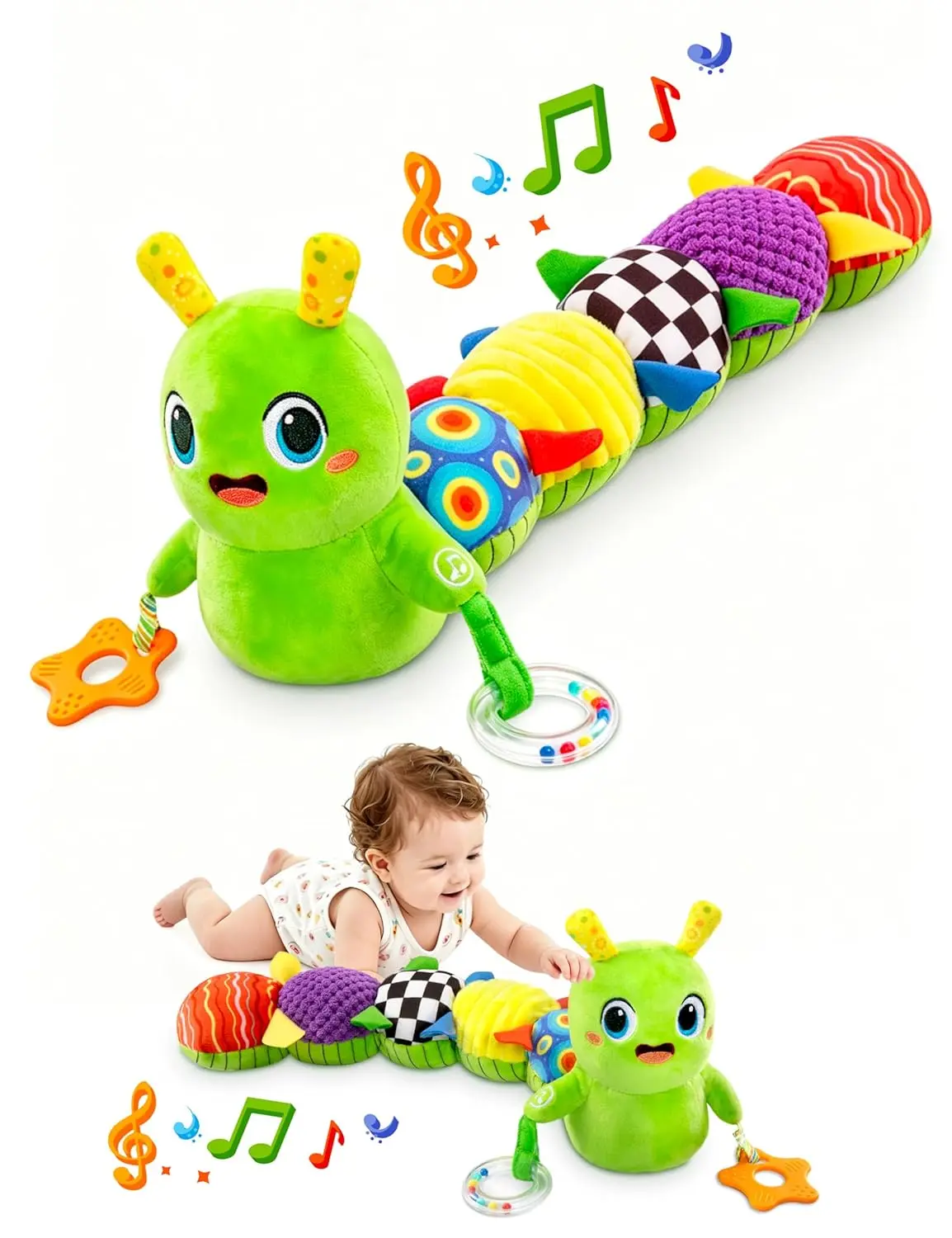 Musical Caterpillar Baby Sound Toy, Sensory Development Toy for 0-12 Months - 10 Melodies, 1-Touch Music Button, Interactive, Independent Play, Rhythm Learning