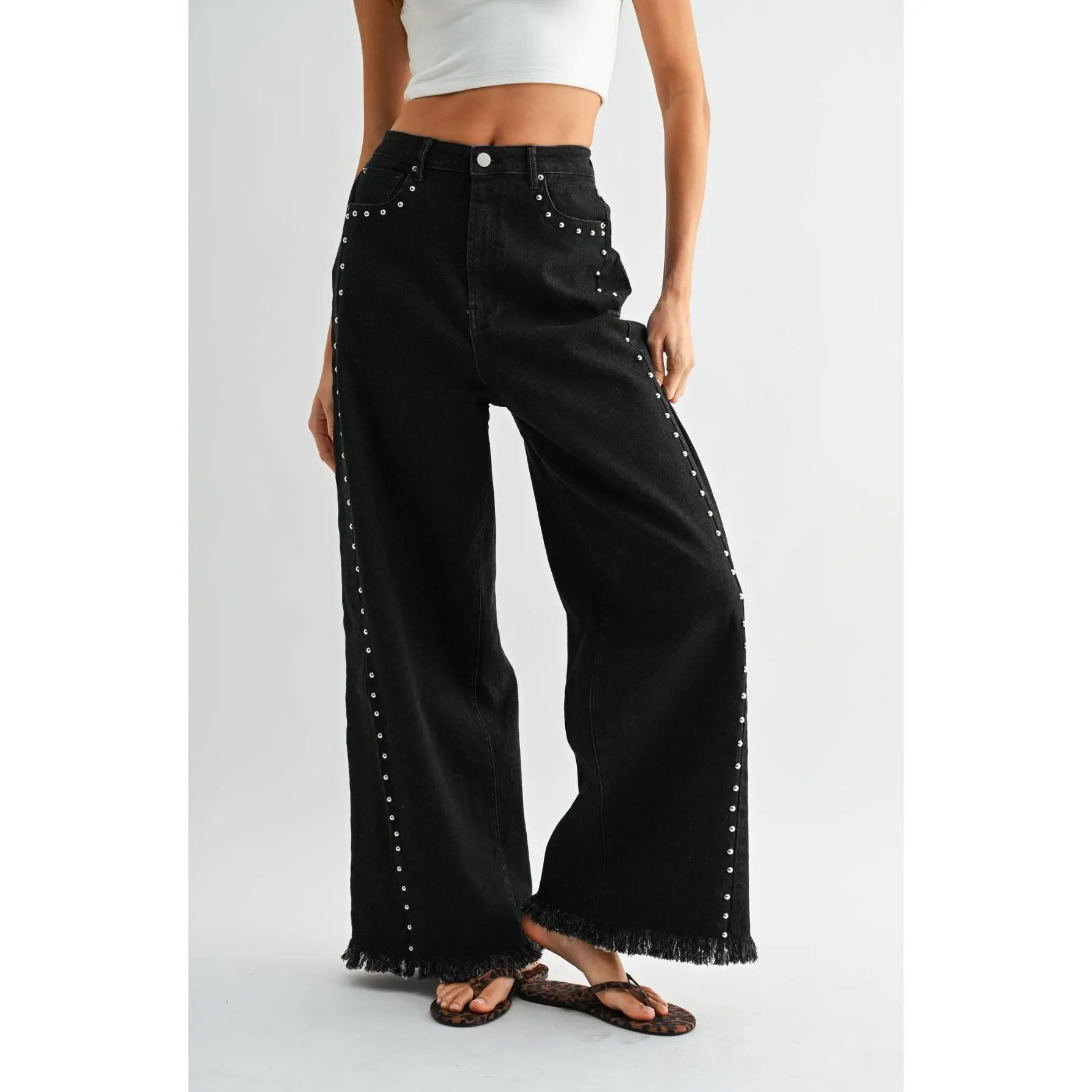 Wide Leg Studded Jeans | Women’s High Rise Black Jeans with Studs & Fringe Hem