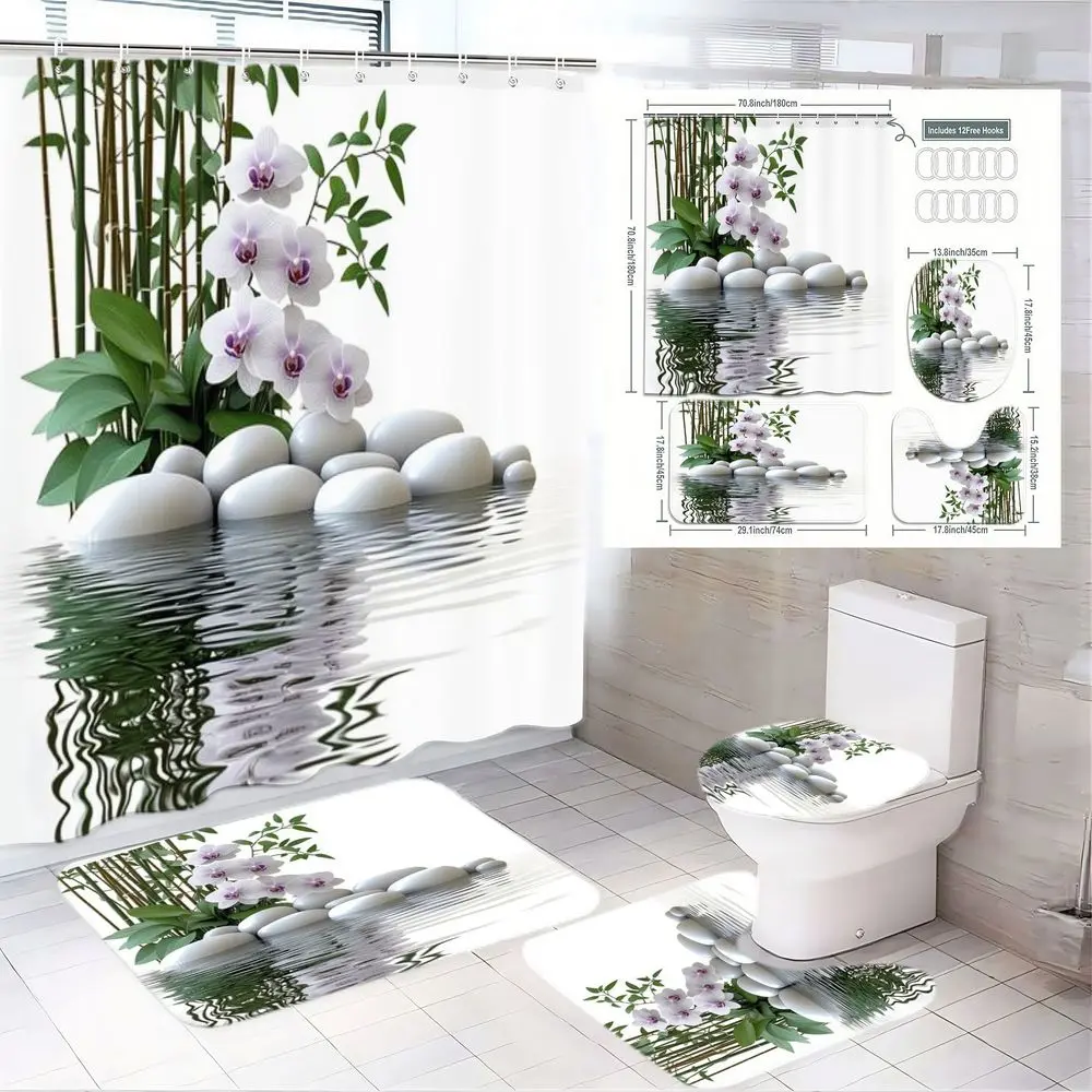 1/4pcs Nature-Inspired Orchid Bamboo Waterproof Aesthetic Shower Curtain Set with Water Reflection, White Stones, Matching Rectangular & Square Bath Mats & Toilet Lid Cover for Spa-Like Bathroom Decoration, Perfect for Spring, Easter, Mother's Day Decor