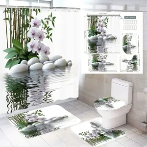 1/4pcs Nature-Inspired Orchid Bamboo Shower Curtain Set with Water Reflection, White Stones, Matching Rectangular & Square Bath Mats & Toilet Lid Cover for Spa-Like Bathroom, Perfect for Spring, Easter, Mother's Day Decor