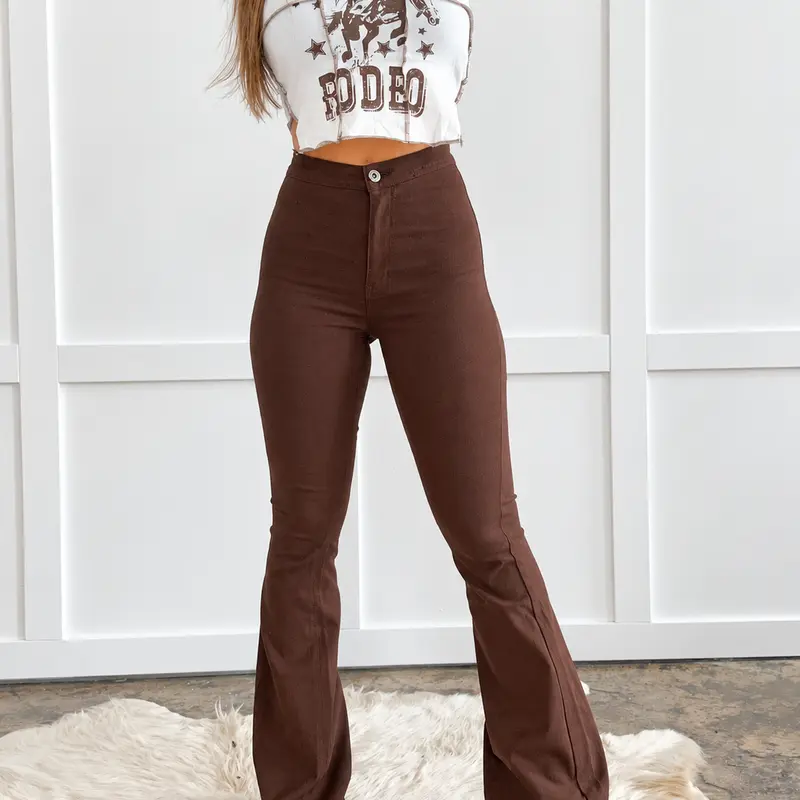 Women's Fiona High Waisted Bell Bottom Flare Jeans - Stretchy Spandex Elastane Fabric, Chocolate Brown, Casual Day/Night Wear, Flattering Leg Fit, Pockets, Zip, Button, Jeans for Women
