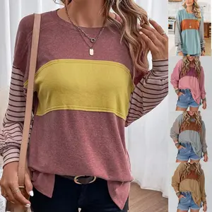Long Sleeve Tops Oversized 2025 Trendy Round Crew Neck Casual Color Block Womens Shirts Blouses