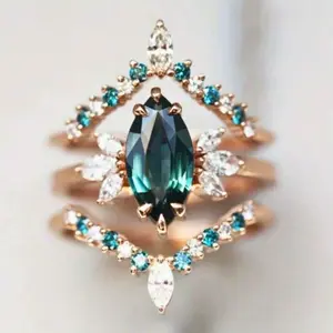 3pcs/Set Hot Trending Unique Blue Zirconia Engagement Wedding Ring Set for Women, Party Jewelry Daily Wear, Ideal Gift for Her on Valentine's Day