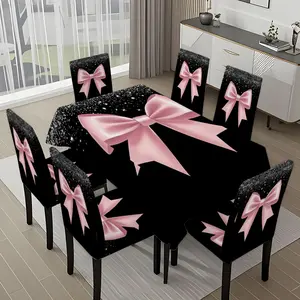 5/7-piece 2D Flat Printing Pink Bow on Black Background Printing Pattern Tablecloth and Chair Cover Set, for dining table and chair decoration, perfect for home, holiday gatherings, restaurants, and parties.