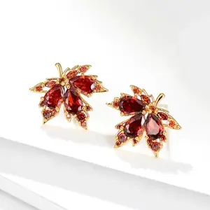 Women's Red Maple Leaf Stud Earrings / Vitange Trendy Cute Handmade / Meaningful Holiday Floral Jewelry
