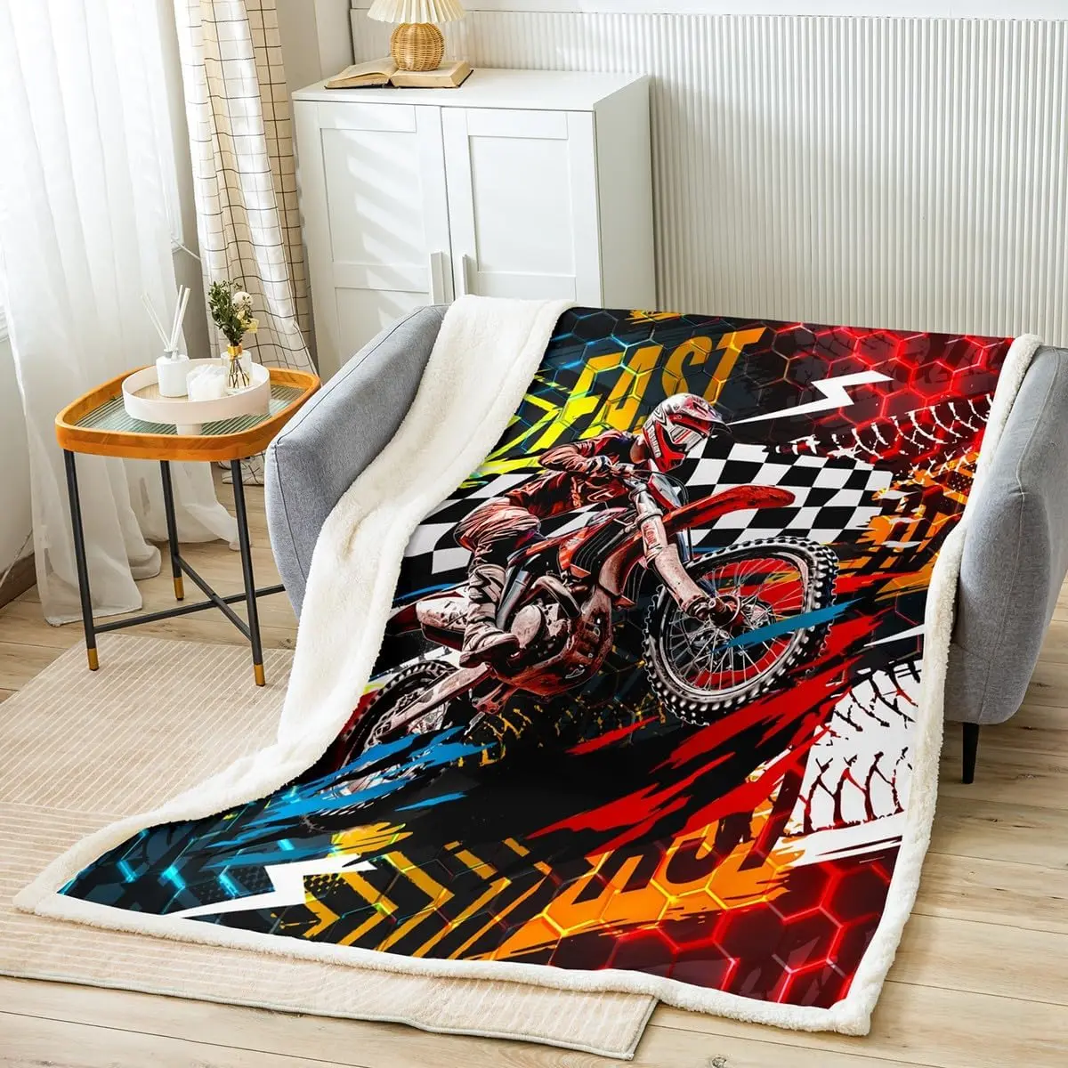 Feelyou Super Soft Flannel Throw Blanket - 40"x50" Fluffy Modern Motocross Rider Dirt Bike Sherpa Blanket, Motorcycle Art Design, Indoor-Outdoor Extreme Sports Use, Fluffy Blanket