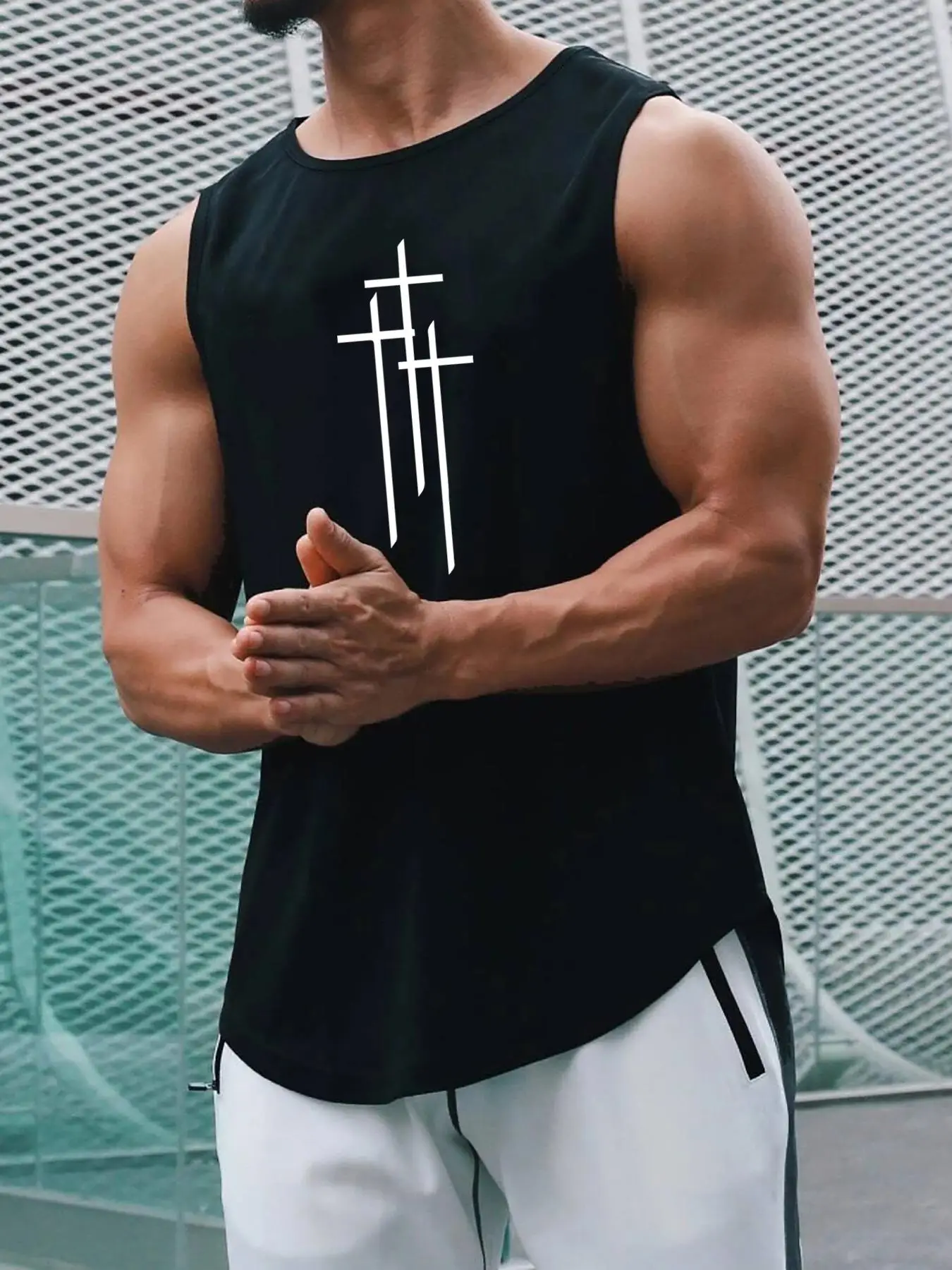 Men's Cross Print Crew Neck Tank Top, Regular Fit Casual Sleeveless Round Neck Top for Daily Outdoor Wear, Fashion Men's Clothes for All Seasons