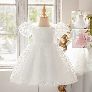 3-8Y Lace Embroidered Kids Clothes White Flower Girls Frock Ball Gown Pageant Children Elegant Princess Prom Host Formal Evening Party Banquet Dress for All Season