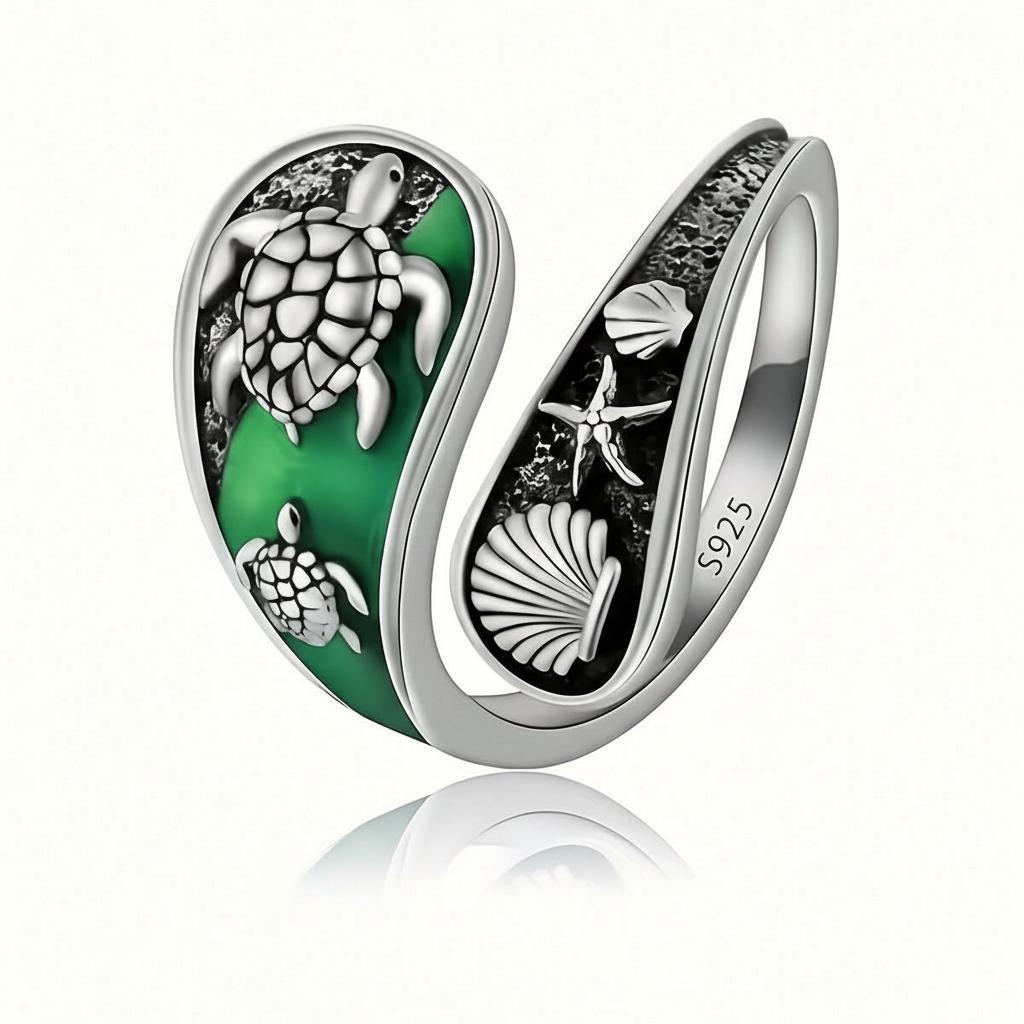 【HXS】925 Sterling Silver Sea Turtle Adjustable Ring with Green Enamel Beach Shell Starfish Ocean Jewelry Gift
