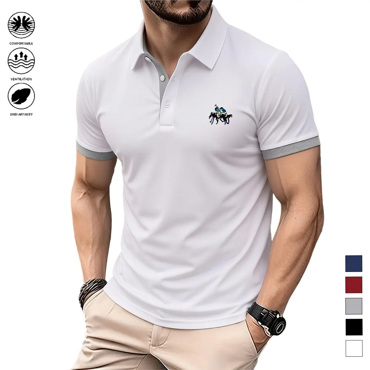 Men's Outdoor Short-Sleeve Golf Polo Shirt - Polyester Clothes, Relaxed Fit, Moisture-Wicking, Breathable, Non-Clingy, Stretch, Premium, Durable Turn-Down Collar Top for Golf, Tennis, Commuting, Stretch Fabric