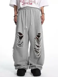Men's High Street Ripped Sweatpants, Loose Wide Leg Pants, Sports Casual Pants, Vintage Fashion Sportswear, European and American Street Style