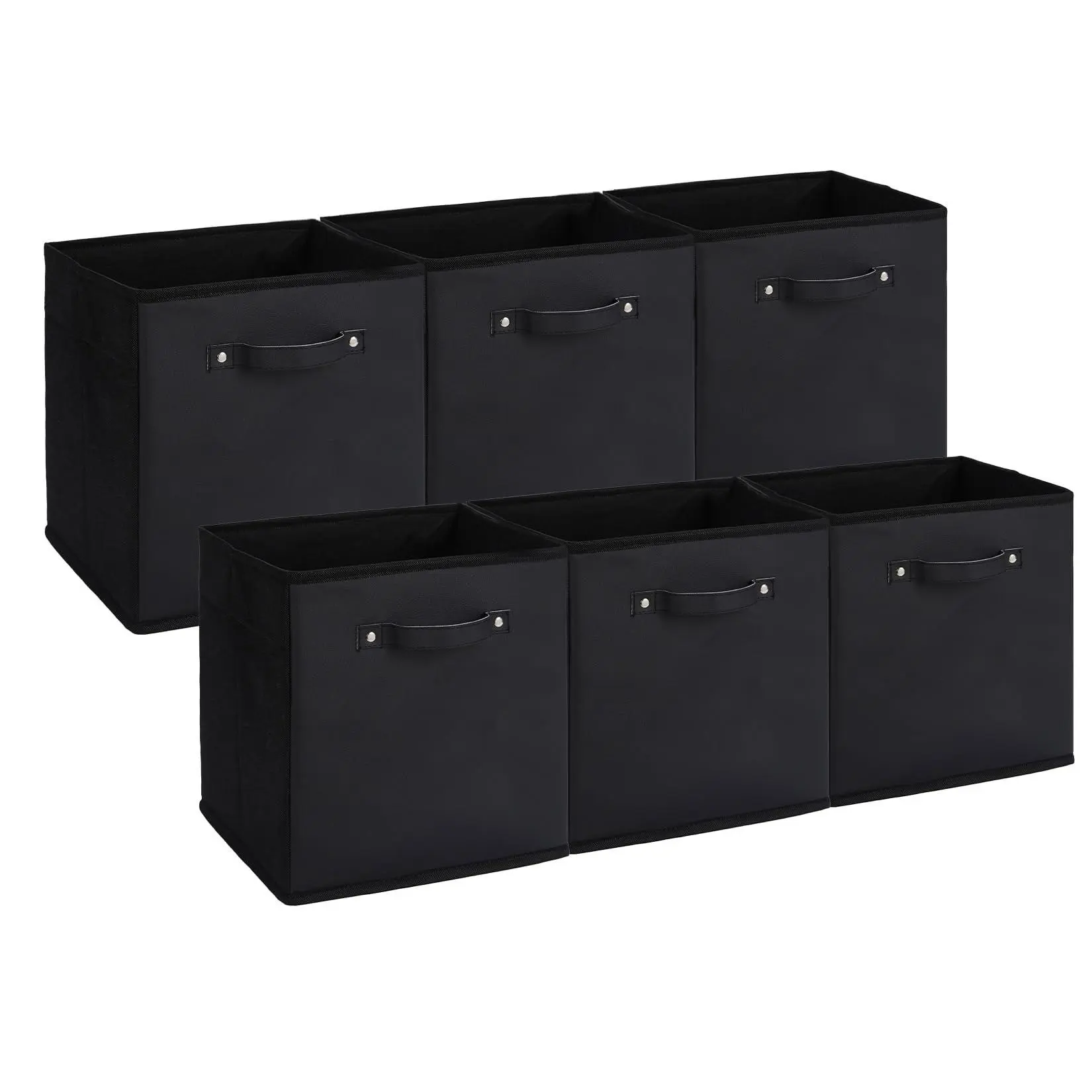 GARVEE 6-Pack 11 Inch Fabric Storage Bins with Faux Leather Handles, Foldable Cube Organizer Baskets for Shelves and Closet, Collapsible Storage Boxes for Clothes Toys, Black