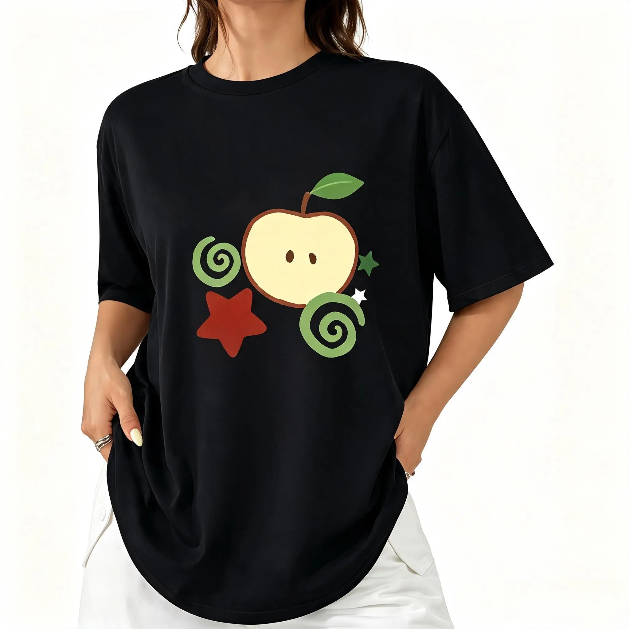 Womens T-Shirt with Apple Graphic Drop Shoulder Design for Retro Street Fashion Unisex Loose Hip Hop Style Print Tee Summer Casual Gift Fabric Top